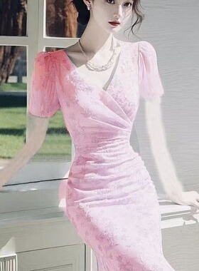 新款春季长裙高级法式气质修身显瘦印花连衣裙2025粉色印花