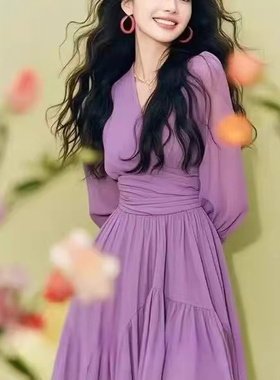 春夏季新品欧货高端爆款小个子法式超好看绝美好看紫色收腰连衣裙