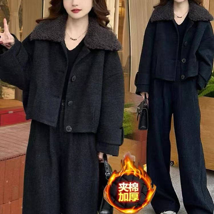 时尚套装女冬季新款韩版宽松夹棉保暖毛呢棉袄外套阔腿裤两件套潮