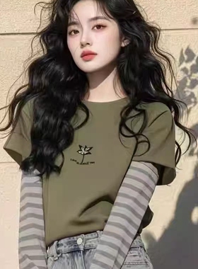 2025欧货爆款独特绝美上衣设计感小众假两件绿色条纹长袖T恤女春