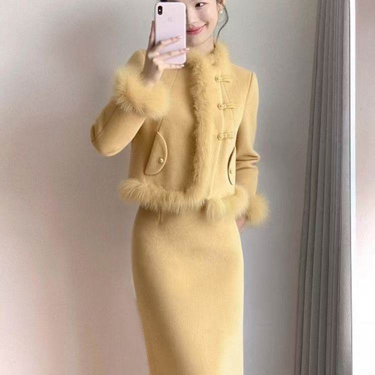 温柔风淑女气质小香风重要场合高级感黄色外套半身裙两件套装女冬