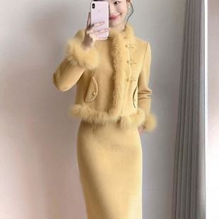 温柔风淑女气质小香风重要场合高级感黄色外套半身裙两件套装 女冬