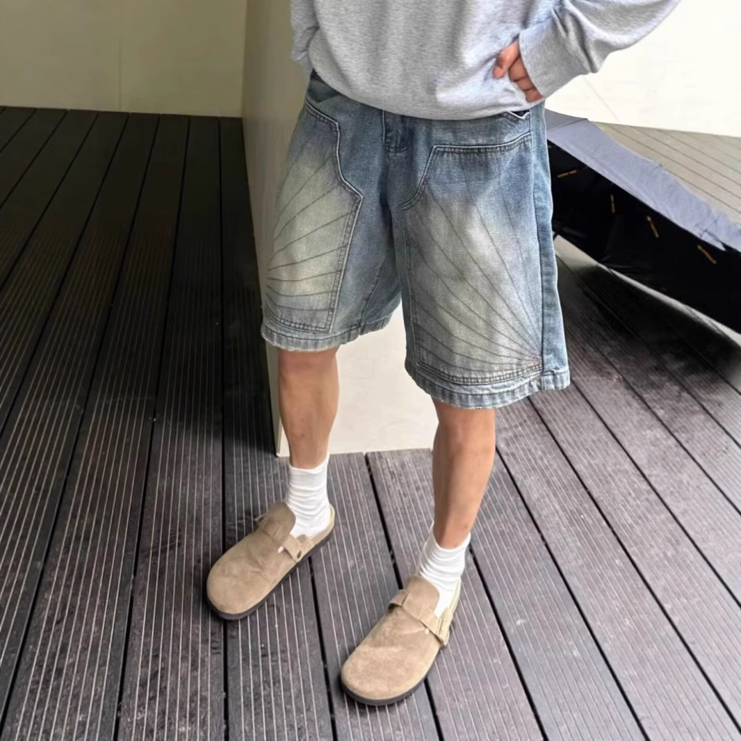 夏季短裤美式复古水洗设计感直筒五分牛仔短裤男女做旧宽松半裤