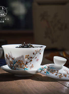 归景丨梅花丨骨瓷盖碗手绘梅花薄胎茶碗图案潮州茶具凤凰单从茶