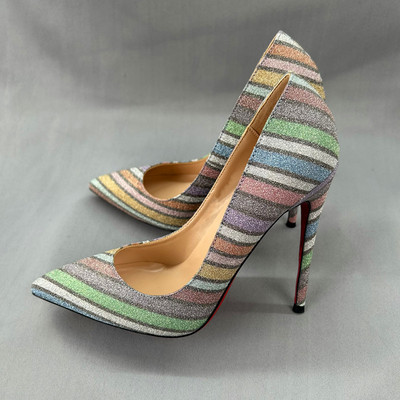 少女心亮片彩虹条纹尖头高跟鞋