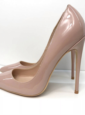 欧美裸色漆皮12cm细跟超高跟鞋黑色44大码单鞋白色小码小清新女鞋