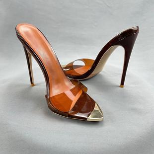 欧美12cm女细跟露趾半拖简约透明pvc一字拖凉鞋 拍照 紫色仙女风格