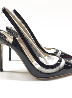 2020新款黑色漆皮拼接尖头高跟鞋10cm细跟后空一字带凉鞋时尚女鞋