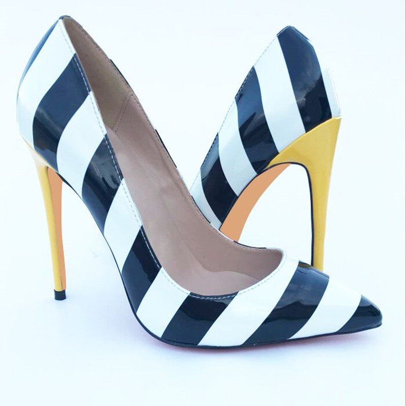 2018黑白条纹漆皮拼色性感高跟鞋