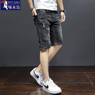 啄木鸟夏季薄款弹力牛仔短裤男士破洞直筒青年五分中裤男款休闲裤