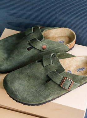 BOKU博肯经典包头翻毛皮真皮软木Boston男女情侣厚底勃肯半拖鞋