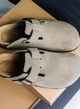 BOKU春秋勃肯鞋包头复古真皮软木厚底日系男女博肯半拖鞋boston