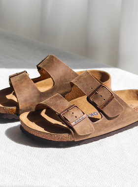 BOKU夏季勃肯一字油蜡疯马皮男女情侣厚底真皮软木沙滩博肯凉拖鞋