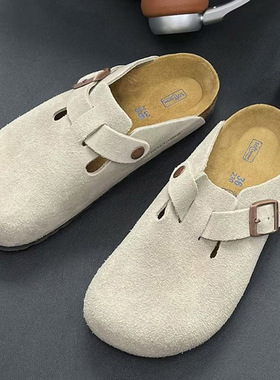 BOKU春夏新款真皮软木复古勃肯包头半拖男女同款平底一脚蹬鞋