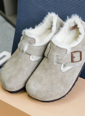 博肯全包跟翻毛皮加绒保暖冬季雪地靴真皮女BOKU勃肯半拖羊毛毛鞋
