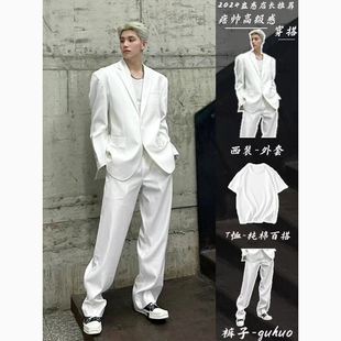 一套成熟 休闲服痞帅男装 成熟稳重垫肩白色西装 外套高级感订婚套装