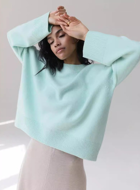 秋冬女装针织衫圆领纯色宽松毛衣欧美Solid color loose sweater