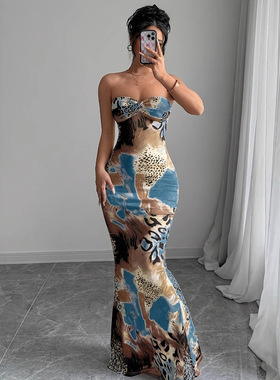 夏季挂脖抹胸性感系带欧美印花连衣裙Sexy lace up printed dress