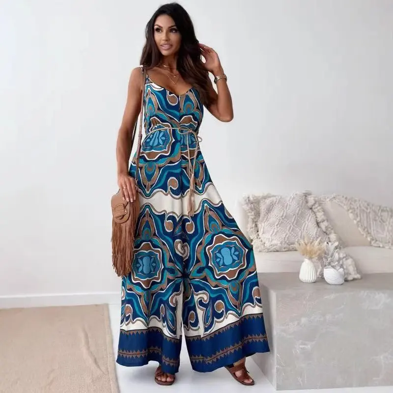 欧美度假女装夏季新款定位花吊带领连体阔腿裤配腰带印花连体裤,女装/女士精品,连体衣/裤,淘宝优惠券,粉丝福利购,淘宝优惠卷