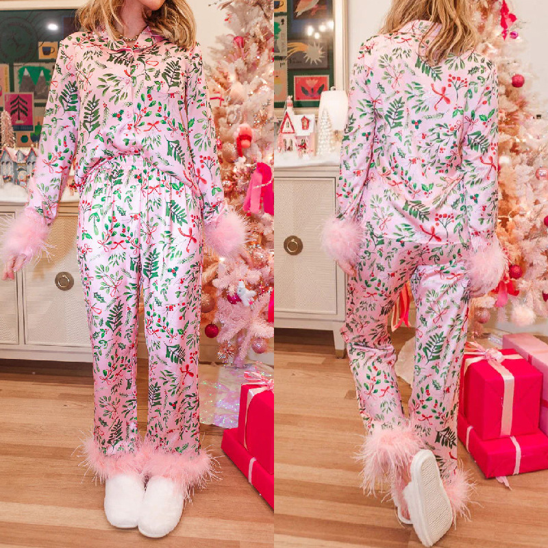 2025欧美圣诞印花休闲套装睡衣家居服女
