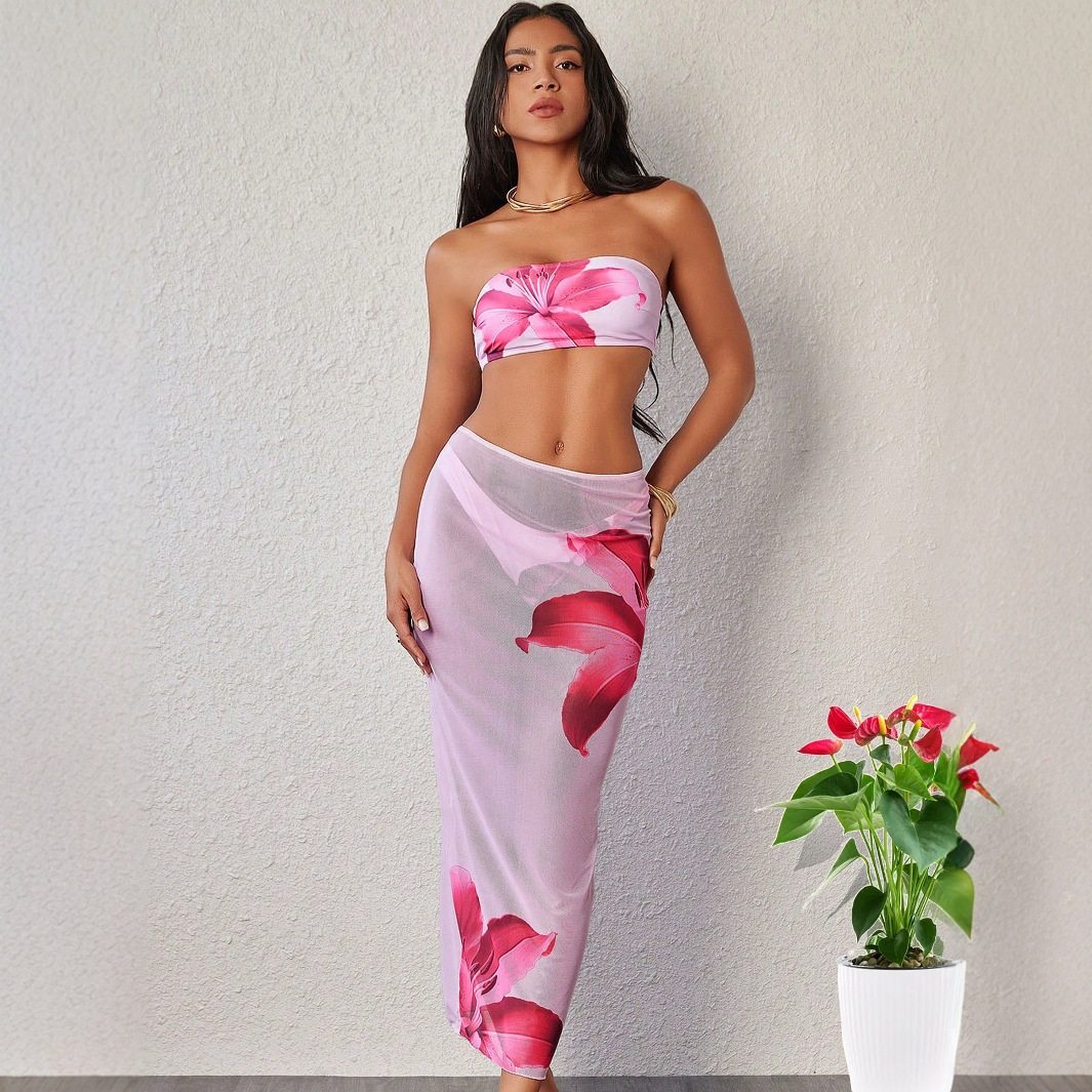 2025年新款欧美3件套泳衣女士印花比基尼抹胸泳装,女装/女士精品,时尚套装,淘宝优惠券,粉丝福利购,淘宝优惠卷