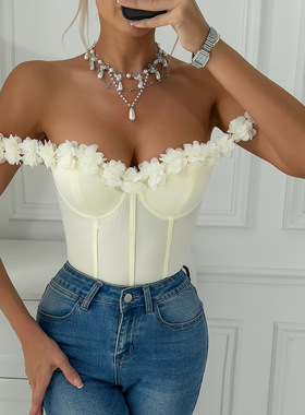 Women sexy jumpsuit 欧美立体花朵一字肩性感辣妹纯欲风连体衣