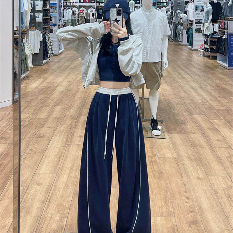 美式复古藏青色运动卫裤女春秋冬季新款宽松直筒休闲裤垂感阔腿裤