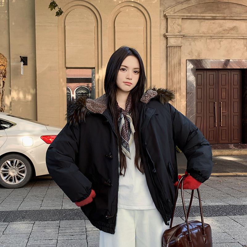 2025年冬季新款羽绒棉服女复古牛角扣派克服加厚韩系棉衣棉袄外套