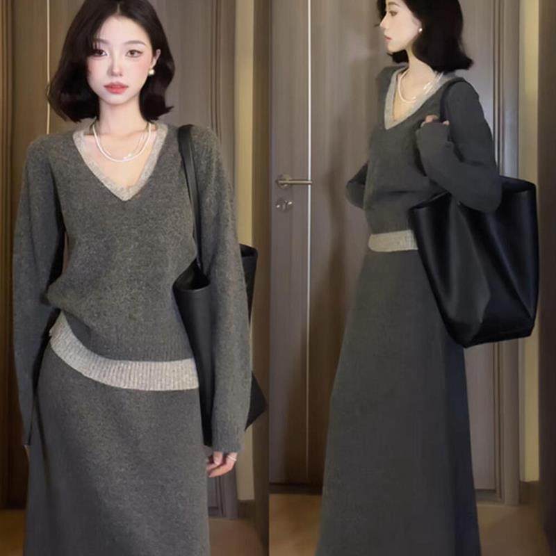 温柔风灰色针织毛衣套装连衣裙子女早秋季2025新款一整套秋冬穿搭