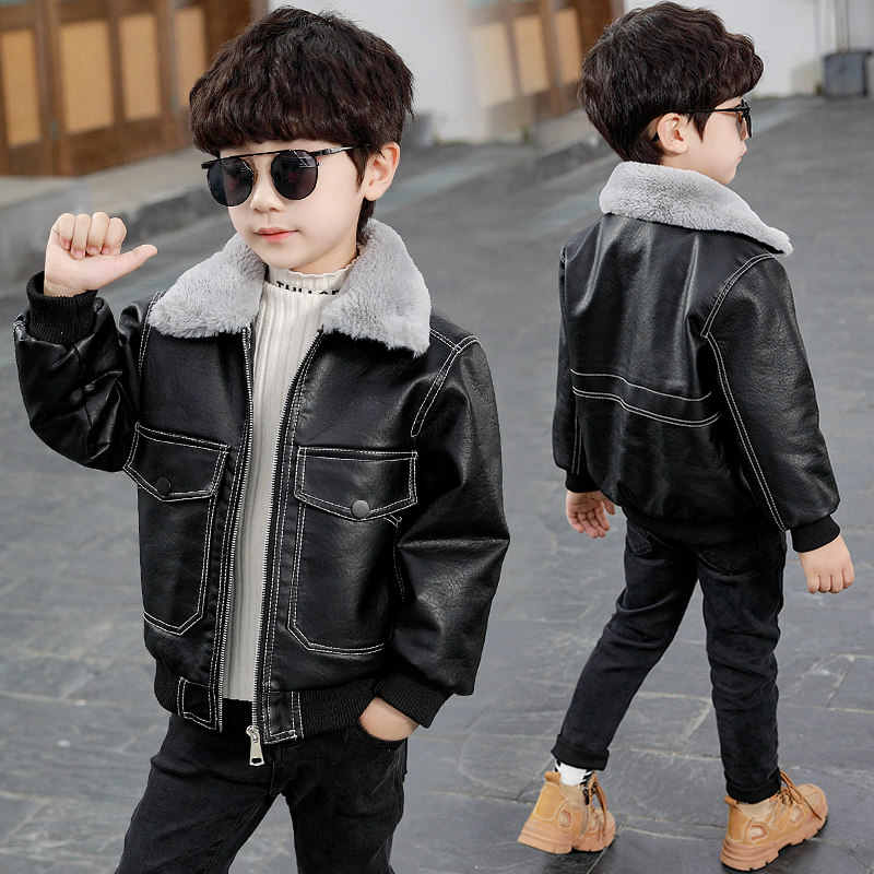 男童冬季新款毛领夹克加绒加厚黑色皮衣外套儿童洋气保暖皮夹克潮