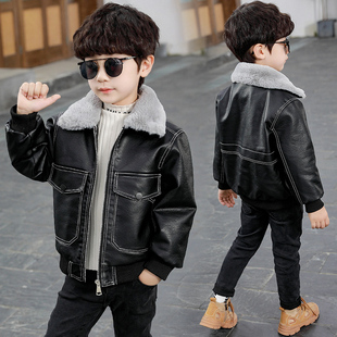 男童冬季新款毛领夹克加绒加厚黑色皮衣外套儿童洋气保暖皮夹克潮