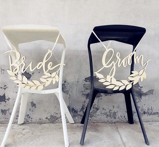 Signs 饰木质挂件标志Wedding 婚礼椅背挂饰Bride Groom新娘新郎装