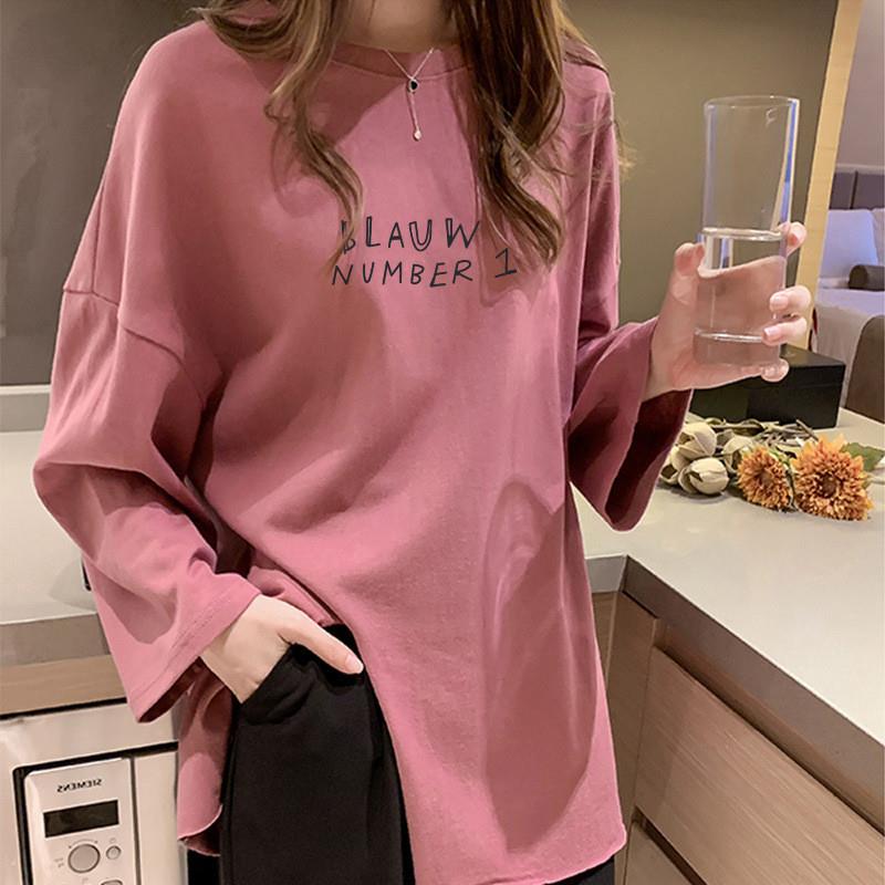 大码女装2025新款秋韩版宽松设计感开叉t恤长袖女上衣中长款外贸