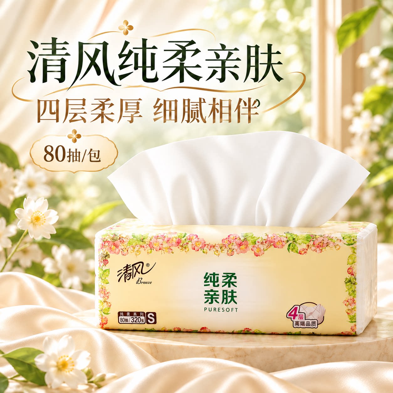 清风纯柔亲肤抽纸4层80抽S码家用实惠装面巾纸整箱批发家庭卫生纸