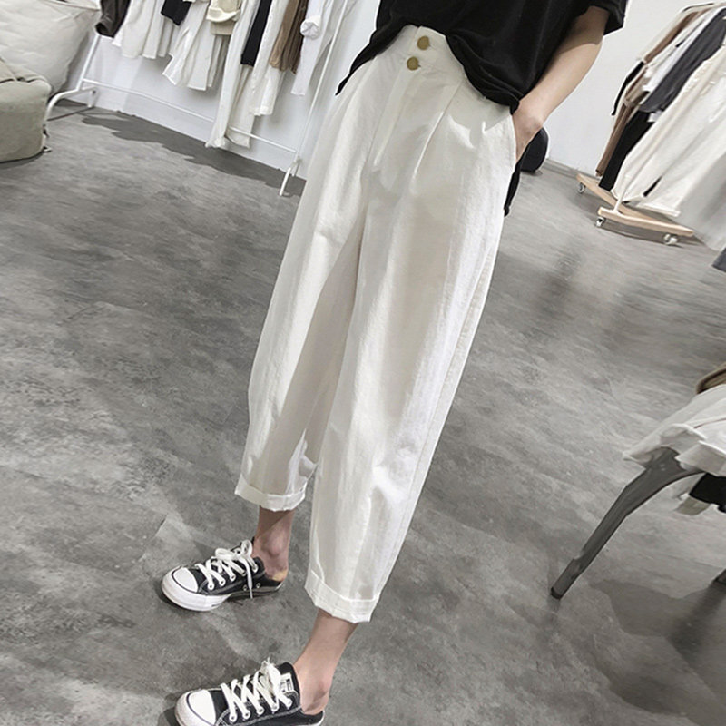 白色休闲裤女2026夏季新款高腰宽松显瘦薄款萝卜哈伦裤九分裤子潮