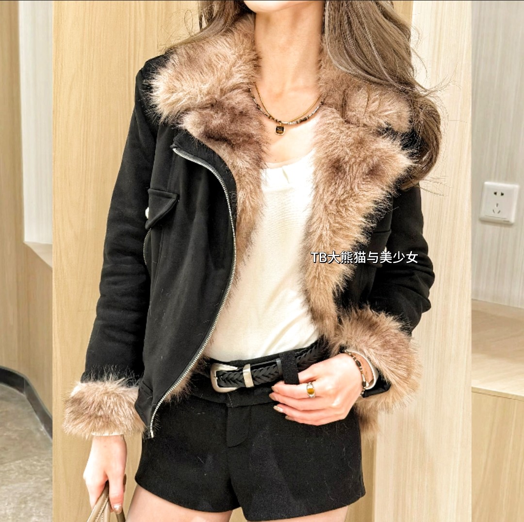 冬天来了！黑色皮草女修身机车夹克棉服高级感皮毛一体毛毛外套