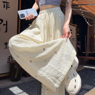 宽松直筒垂感拖地休闲直筒裤 实拍冰丝棉麻刺绣小花朵阔腿裤 女夏季