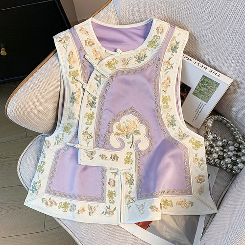 实拍新中式气质古典盘扣小圆领缎面织金织锦重工刺绣汉服上衣马甲