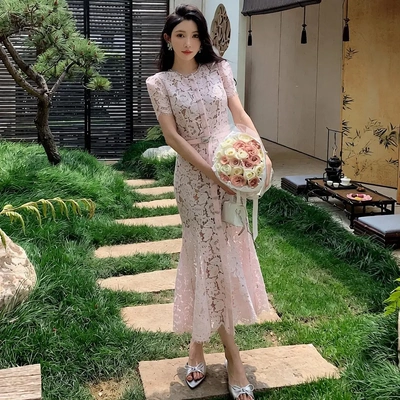 2026年新品女装蝴蝶结粉色蕾丝连衣裙圆领短袖气质优雅鱼尾晚礼服