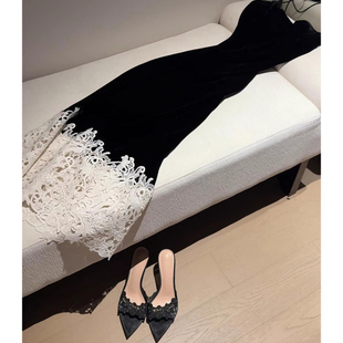 轻奢镂空蕾丝拼接丝绒黑色连衣裙女秋高级感轻熟御姐法式 礼服长裙