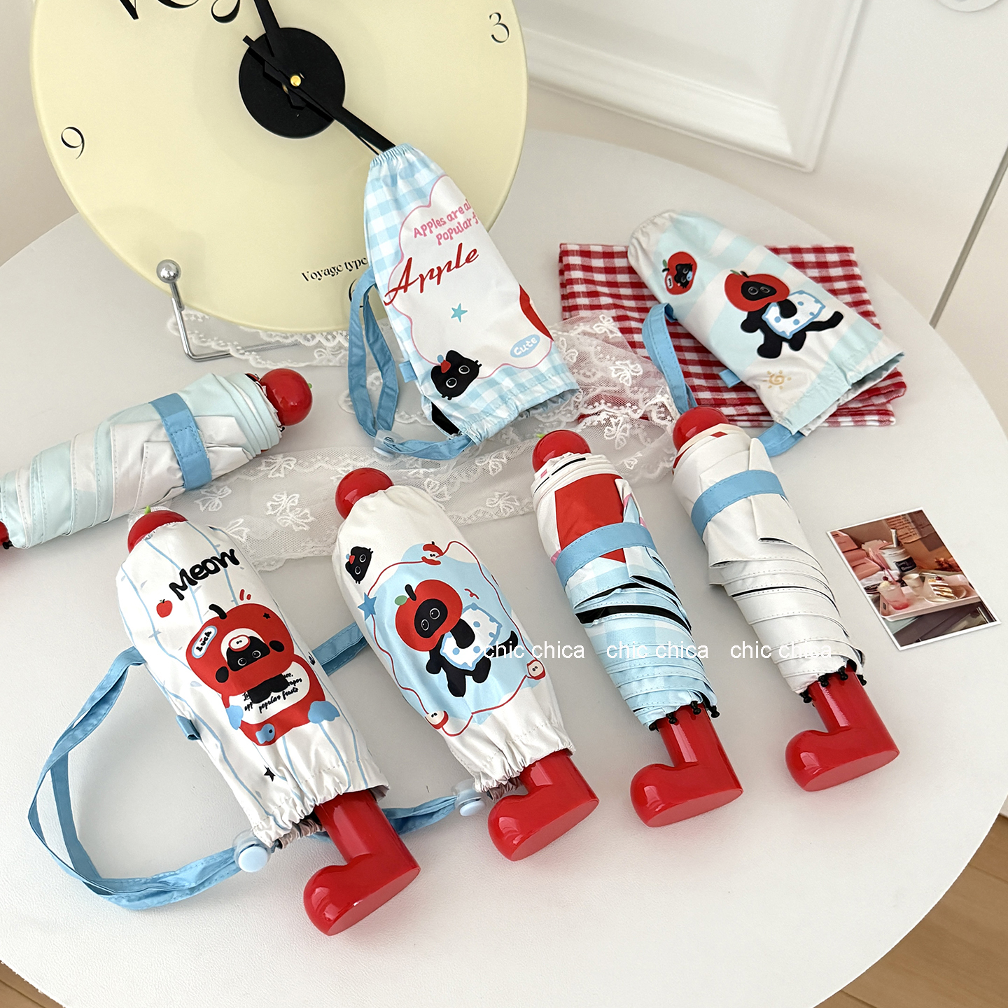 chic苹果猫咪~可爱猫咪五折雨伞女ins小巧便携晴雨两用折叠遮阳伞