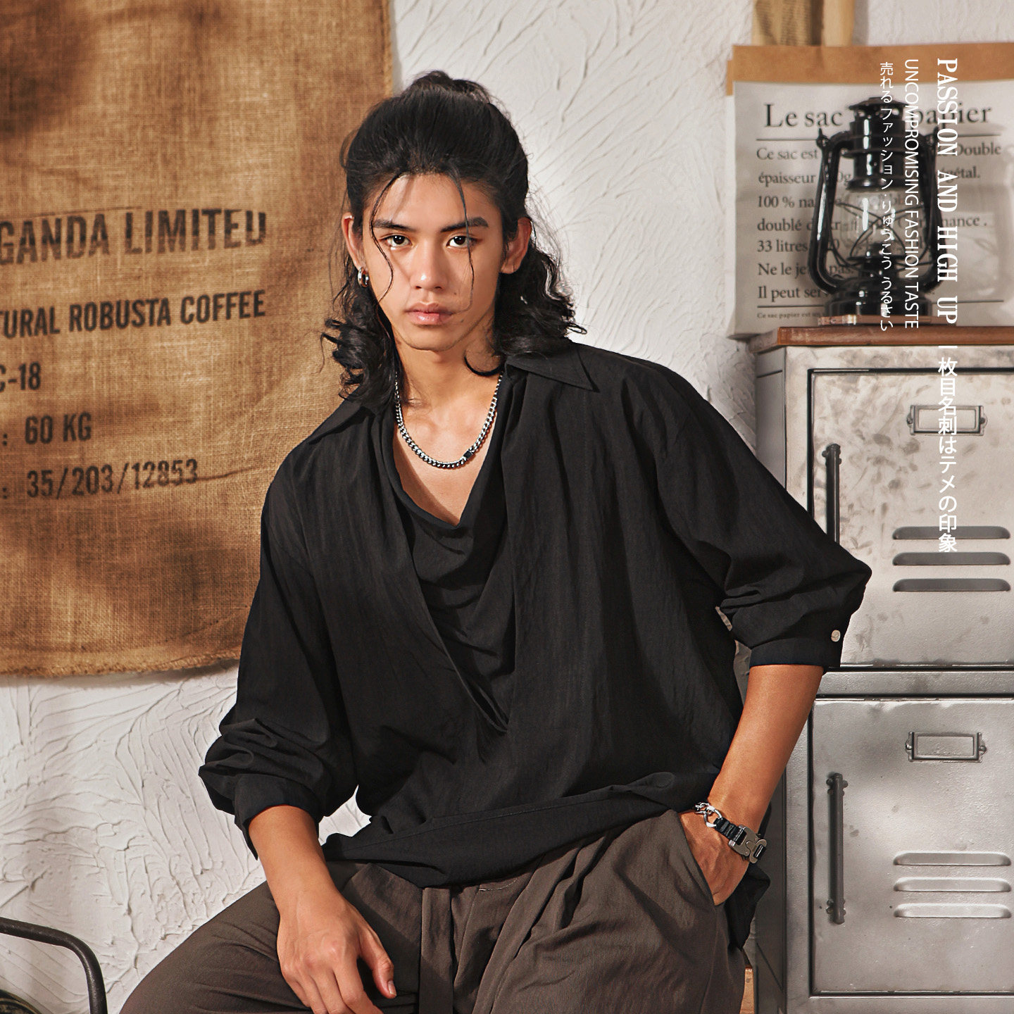 日系复古废土风堆堆领长袖衬衫男秋季褶皱设计感Citywalk衬衣外套