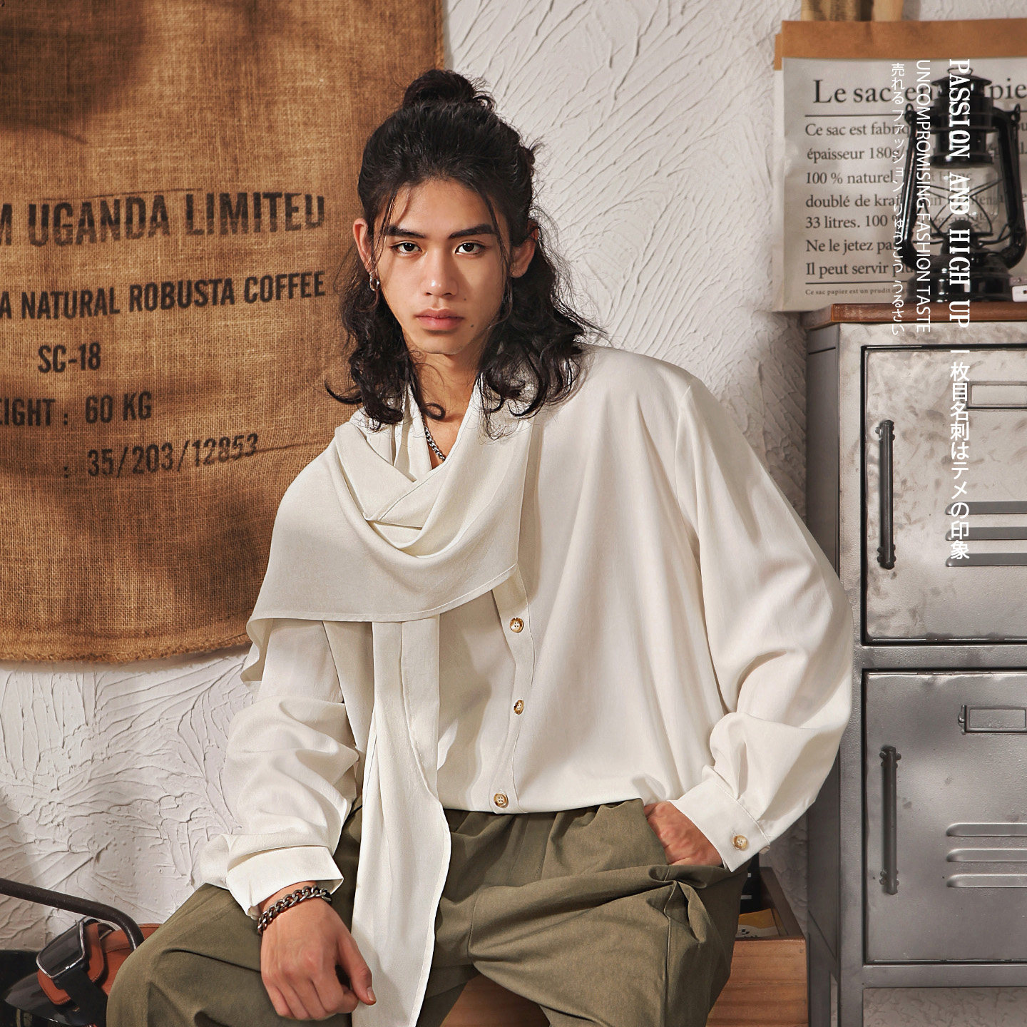 雅痞制噪新中式复古围巾领长袖衬衫男国潮宽松设计感白色复古男装