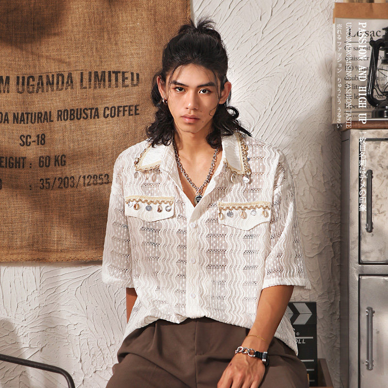 日系复古镂空肌理民族风短袖衬衫