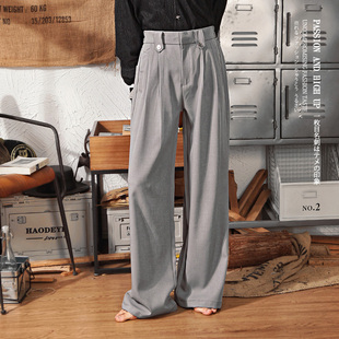 男春季 男丝滑宽松纯色阔腿休闲裤 饰垂坠感西裤 日系复古金属钮扣装