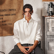 日系复古假两件白色长袖衬衫男秋冬季潮牌宽松高级设计感衬衣外套