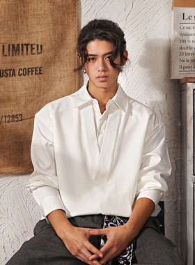 日系复古假两件白色长袖衬衫男春秋款潮牌宽松高级设计感衬衣外套