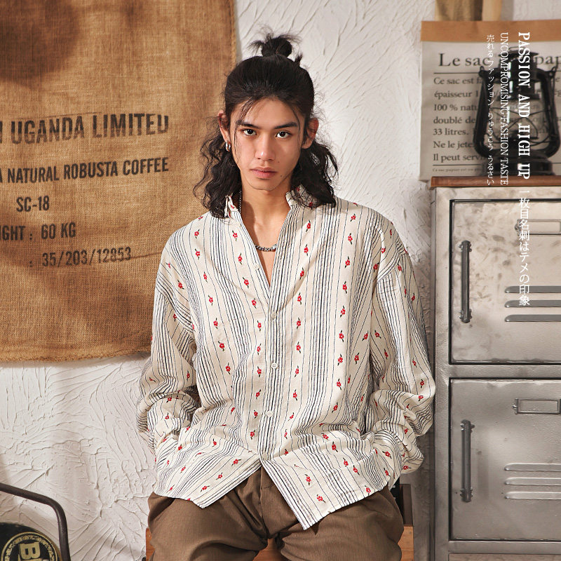 日系复古高级感条纹长袖衬衫男春季小众碎花衬衣男生痞帅宽松外套