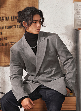 雅痞制噪灰色双排扣戗驳领修身西装男高级感小众设计休闲西服外套