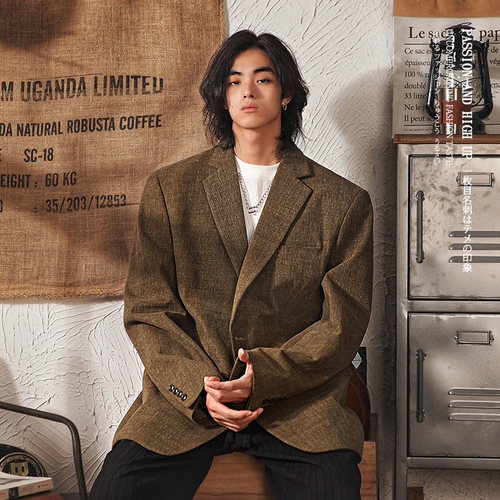 春季休闲西装外套男2024年春秋新款高级感便西服日系复古宽松外套-封面